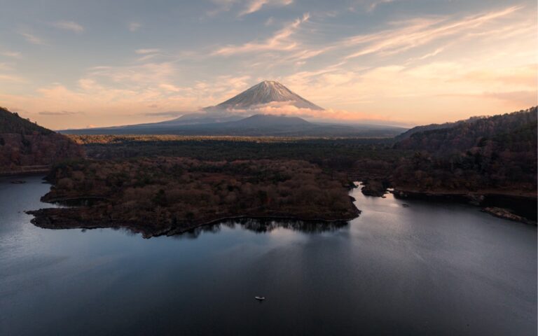 Mt. Fuji at sunset above Lake Shoji